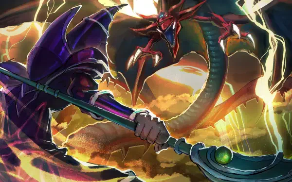 HD anime desktop wallpaper featuring Yu-Gi-Oh! characters Dark Magician and Slifer the Sky Dragon amidst a dramatic, lightning-filled battle scene.