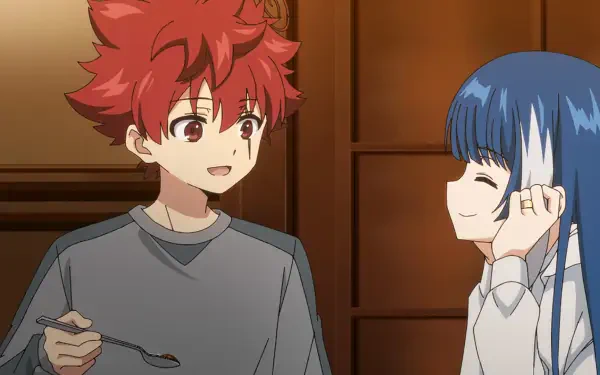 Anime HD desktop wallpaper featuring two characters from Mission: Yozakura Family, a red-haired boy and a blue-haired girl sharing a warm moment indoors.