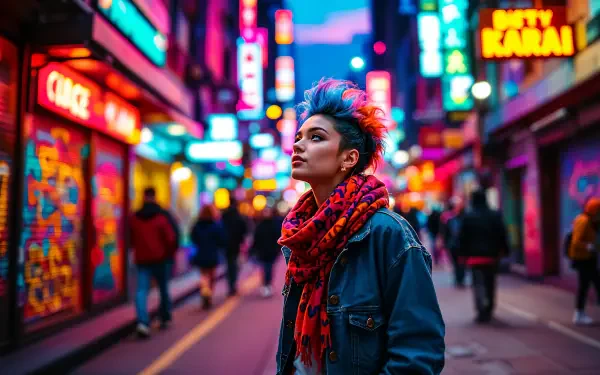 Vibrant street photography of a person with a colorful scarf and styled hair, captured in sharp 4K Ultra HD, set against a neon-lit urban backdrop at night.