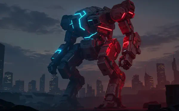 4K Ultra HD PC desktop wallpaper featuring a giant mech with glowing blue and red lights set against a dark city skyline at dusk.