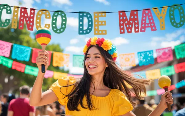 Vibrant Cinco de Mayo celebration with a smiling woman in a yellow dress and floral crown shaking maracas beneath colorful festive banners, captured in 4K Ultra HD.