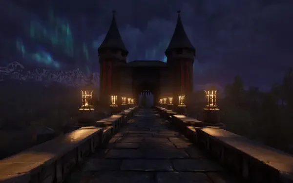 POV of a dark, atmospheric stone bridge leading to a fortress at night, captured from the video game The Elder Scrolls IV: Oblivion in HD PC desktop wallpaper quality.