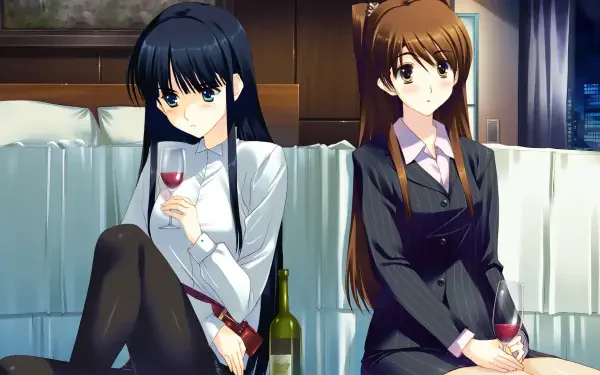 HD anime wallpaper from White Album 2 featuring two female characters sitting on a couch, holding wine glasses in a cozy indoor setting.