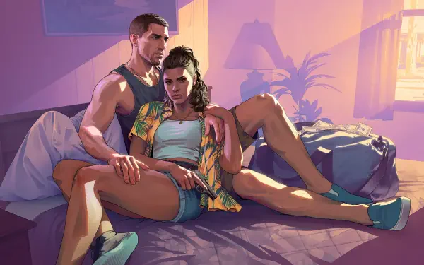 4K Ultra HD PC wallpaper featuring two characters from the video game Grand Theft Auto VI in a vibrant, sunlit room with a relaxed, intimate atmosphere.