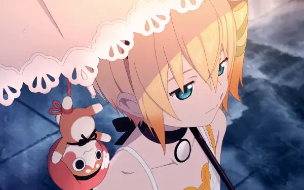 HD PC desktop wallpaper featuring Edna from the video game Tales of Zestiria, holding a parasol and looking contemplative against a dark background.