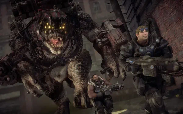 4K Ultra HD Gears of War: Reloaded wallpaper featuring two armored soldiers battling a monstrous creature in a dark, industrial setting.