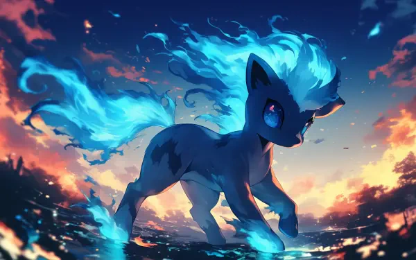 HD anime-style desktop wallpaper featuring a shiny Ponyta Pokémon with vibrant blue flames on its mane and tail against a colorful sunset background.