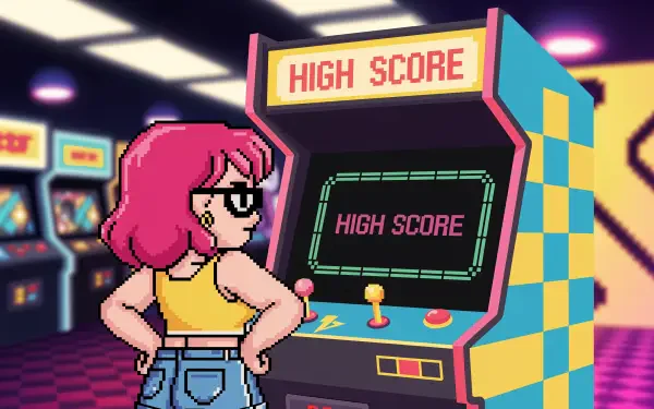 Retro 90s arcade scene in 4K Ultra HD, featuring a pixel art character playing a high score game on a classic arcade machine in a vibrant, neon-lit gaming room.
