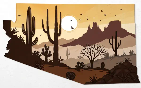 4K Ultra HD PC desktop wallpaper showcasing an Arizona desert landscape with cacti, rocky mountains, a setting sun, and birds flying in a warm, golden sky.