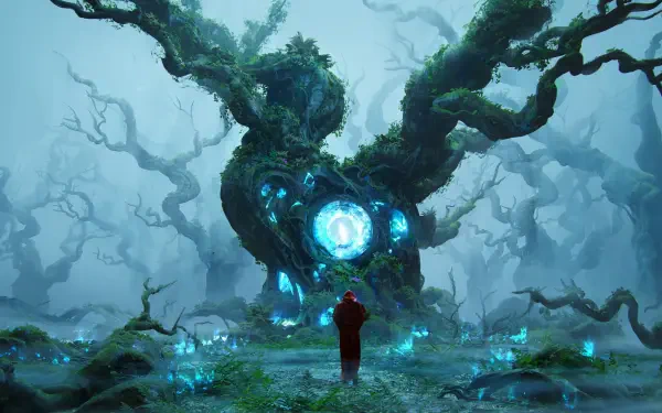A person stands before a massive, glowing magical tree in a foggy fantasy forest, rendered in stunning 4K Ultra HD as a captivating PC desktop wallpaper.