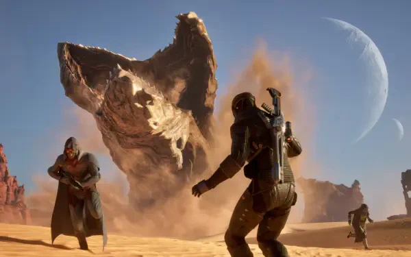 4K Ultra HD desktop wallpaper from the video game Dune: Awakening, depicting characters in a desert facing a giant sandworm with a crescent moon in the sky.
