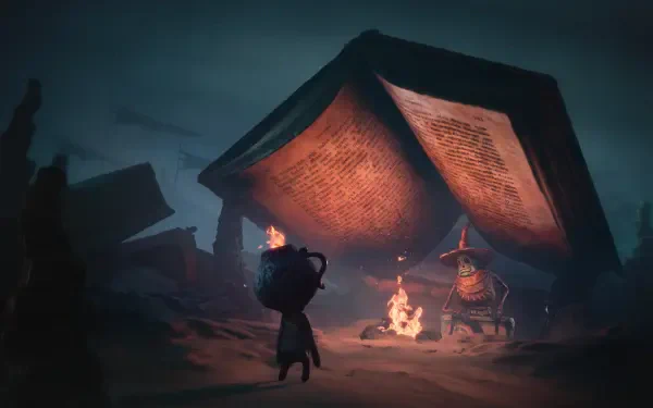HD PC desktop wallpaper from the video game The Midnight Walk, featuring a mysterious figure near a glowing bonfire under a large, open book structure at night.