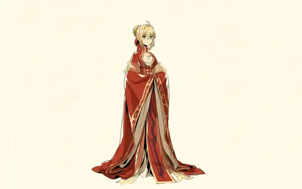 HD PC desktop wallpaper featuring Saber from Fate/Extra in an elegant red and white outfit, set against a clean white background in anime style.