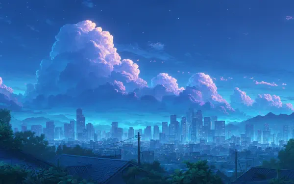 A stunning 4K Ultra HD anime cityscape featuring towering clouds above a vibrant urban skyline at dusk, blending natural beauty with detailed architecture.