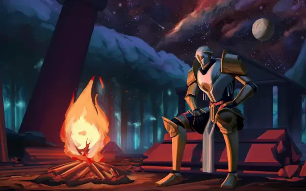 HD gaming art wallpaper featuring a paladin from ULTRAKILL sitting by a bonfire under a starry night sky in a forest setting.