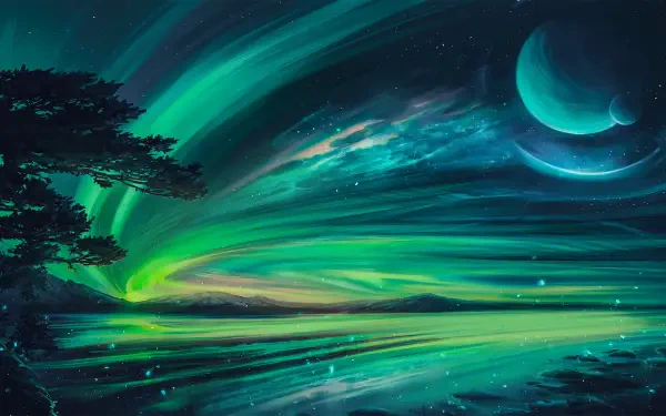HD PC desktop wallpaper showcasing a vibrant green aurora borealis sweeping across a night sky over a serene landscape with silhouetted trees and a glowing planet.