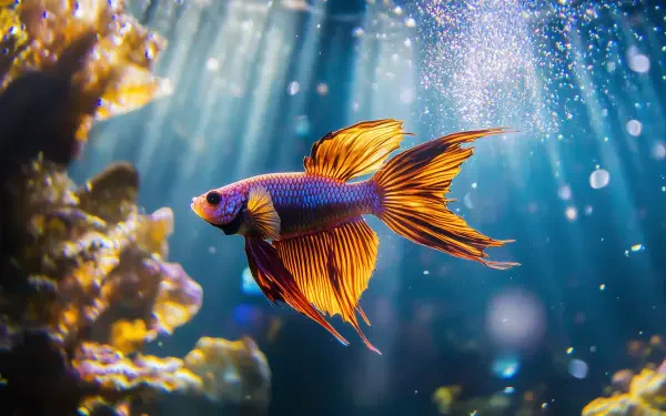 Vibrant Siamese fighting fish with flowing orange fins swims underwater, illuminated by shimmering light rays against a blurred aquatic background in this HD PC desktop wallpaper.