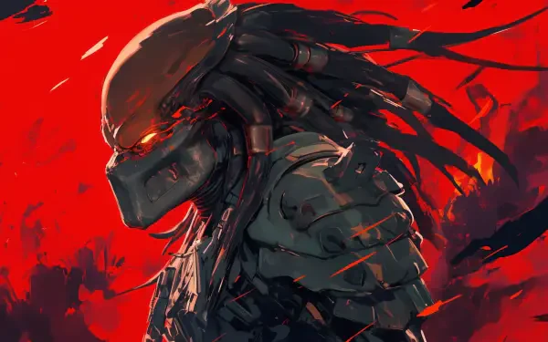 HD PC desktop wallpaper featuring a fierce Predator from Alien vs. Predator, set against a vivid red background with dynamic, intense detailing.