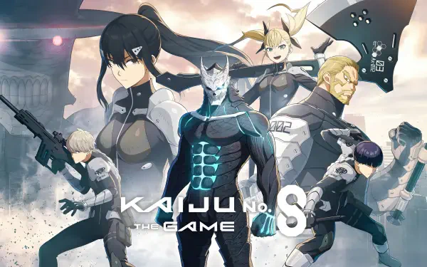 Kaiju No. 8 characters stand ready in dynamic poses against a dramatic sky in this 8K Ultra HD PC desktop wallpaper and background.