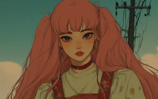 Retro anime-style portrait of a girl with long pink hair and expressive eyes, set against a muted outdoor background, designed as an HD PC desktop wallpaper.