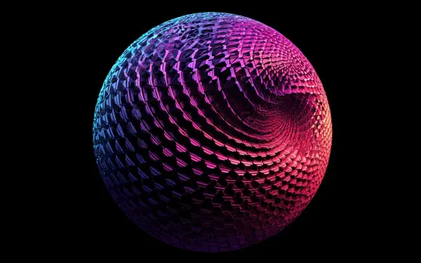 Artistic 4K Ultra HD PC desktop wallpaper featuring a textured sphere illuminated with vibrant blue and pink lighting against a black background.