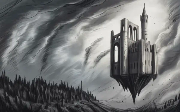 4K Ultra HD desktop wallpaper depicting a dark, flying castle soaring above a forest under a stormy, swirling sky.