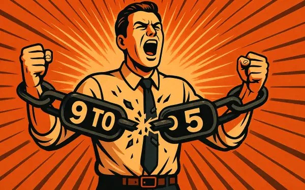 A man in office attire breaks a heavy chain labeled 9 to 5, symbolizing liberation from a traditional 9 to 5 job, depicted in vibrant 4K Ultra HD style.