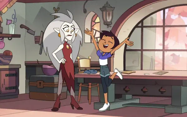 HD desktop wallpaper featuring Eda Clawthorne and Luz Noceda from the TV show The Owl House, set in a cozy, magical kitchen scene.