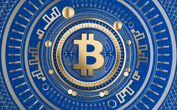 HD PC desktop wallpaper featuring a gold Bitcoin symbol centered within concentric blue and gold digital circuit patterns, representing cryptocurrency technology.