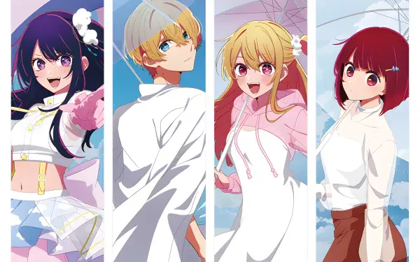 2K Quad HD PC desktop wallpaper: Anime Oshi no Ko quartet in four vertical panels — dark, silver, blonde, and red-haired idols against soft pastel backgrounds.