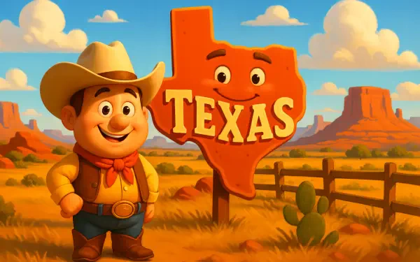 Colorful 4K Ultra HD PC desktop wallpaper featuring a smiling cowboy next to a cartoon Texas state sign in a vibrant desert landscape under a blue sky.
