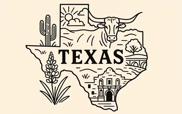 Outline of Texas featuring iconic symbols like a longhorn skull, cactus, bluebonnet, the Alamo, and sun, designed as a 4K Ultra HD PC desktop wallpaper background.