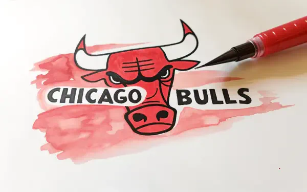 A detailed Chicago Bulls logo painted with red watercolor on paper, designed as a 4K Ultra HD PC desktop wallpaper and background.