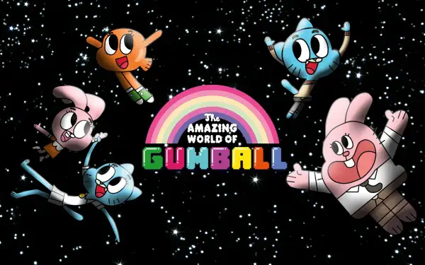 HD desktop wallpaper of The Amazing World of Gumball featuring Gumball, Darwin, and Anais Watterson against a starry space background with a colorful rainbow logo.