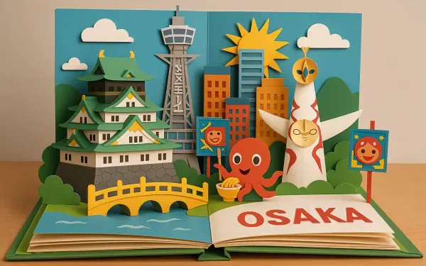 A colorful 4K Ultra HD paper art illustration of Osaka landmarks, including Osaka Castle, Tsutenkaku Tower, and the Tower of the Sun, displayed on an open book.