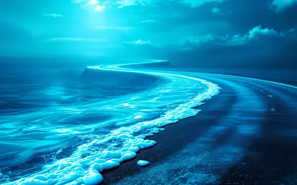 A surreal 4K Ultra HD road trip wallpaper featuring a winding coastal road with waves gently washing over the asphalt under a bright, blue sky.