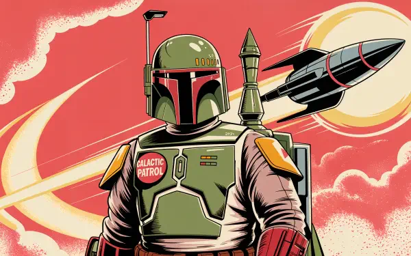 Boba Fett stands boldly in front of a fiery sky with a rocket launching behind him, captured in vibrant 4K Ultra HD detail for a PC desktop wallpaper.