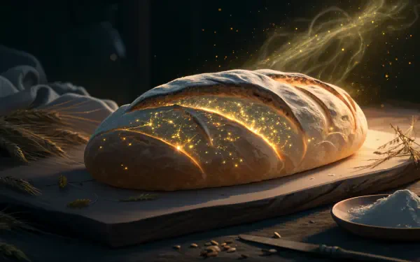 4K Ultra HD PC desktop wallpaper featuring a glowing, freshly baked sourdough loaf on a wooden board with warm, magical light and scattered flour.