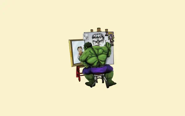 HD comic-style desktop wallpaper featuring a humorous scene of Bruce Banner transforming into the Hulk while painting a self-portrait from The Incredible Hulk series.