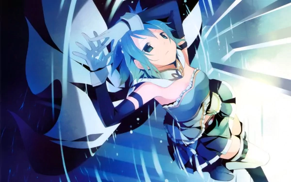 HD PC desktop wallpaper featuring Sayaka Miki from the anime Puella Magi Madoka Magica in a dynamic, vibrant pose with blue and white tones.