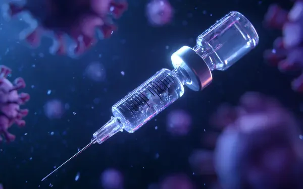 4K Ultra HD PC desktop wallpaper featuring a detailed vaccine vial and syringe surrounded by virus particles in a dark, glowing environment.