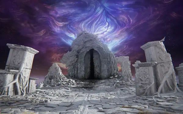 HD PC desktop wallpaper featuring a mysterious stone door surrounded by ruins under a swirling purple sky from the video game Elden Ring Nightreign.