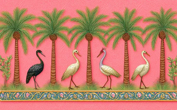 Whimsical HD desktop wallpaper featuring a row of palm trees with colorful geese against a vibrant pink background.