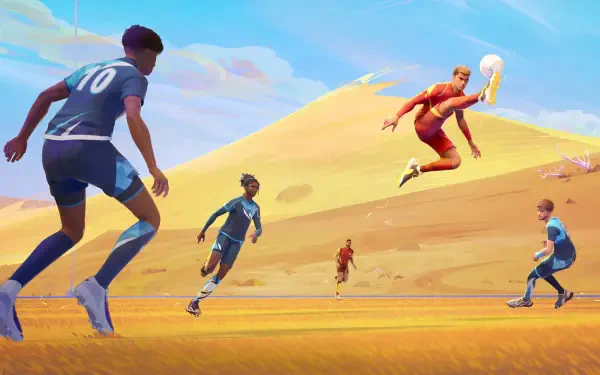 4K Ultra HD video game wallpaper featuring an intense desert soccer match titled REMATCH, capturing dynamic player movements and vibrant colors on a PC desktop background.
