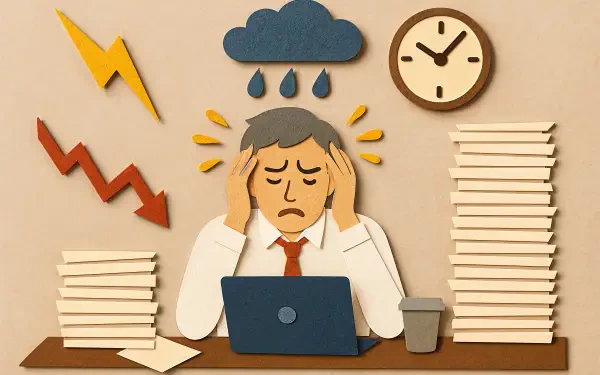 A 4K Ultra HD desktop wallpaper depicting workplace stress: a stressed man at a cluttered desk with a laptop, storm cloud overhead, clock, and piles of paperwork.