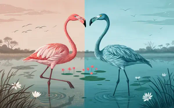 4K Ultra HD desktop wallpaper featuring a stylized pink flamingo on the left and a blue flamingo on the right, standing gracefully in a serene water landscape.