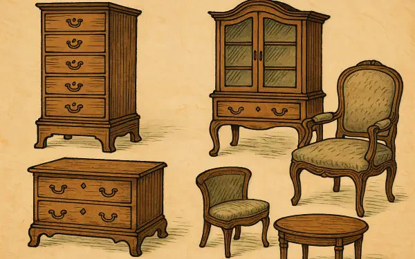 4K Ultra HD PC desktop wallpaper featuring detailed illustrations of antique furniture pieces including drawers, cabinets, and upholstered chairs on a beige background.