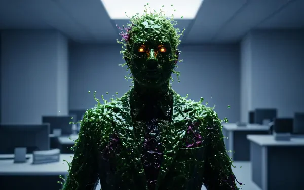 A futuristic office worker figure made of glowing green vines with orange eyes stands in a dimly lit corporate workspace, rendered in 4K Ultra HD detail.
