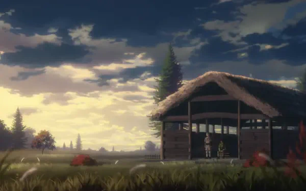 Anime-style HD Vinland Saga desktop wallpaper featuring a serene countryside scene with a rustic wooden shelter under a cloudy sky at sunset.