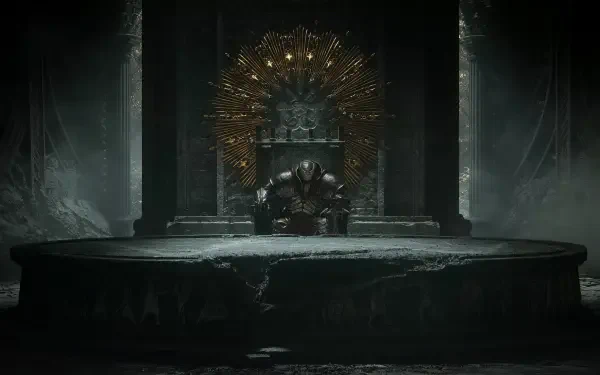 Dark, moody HD desktop wallpaper from the video game Tainted Grail: The Fall of Avalon, featuring a lone armored figure seated on a throne in a shadowy, ominous setting.